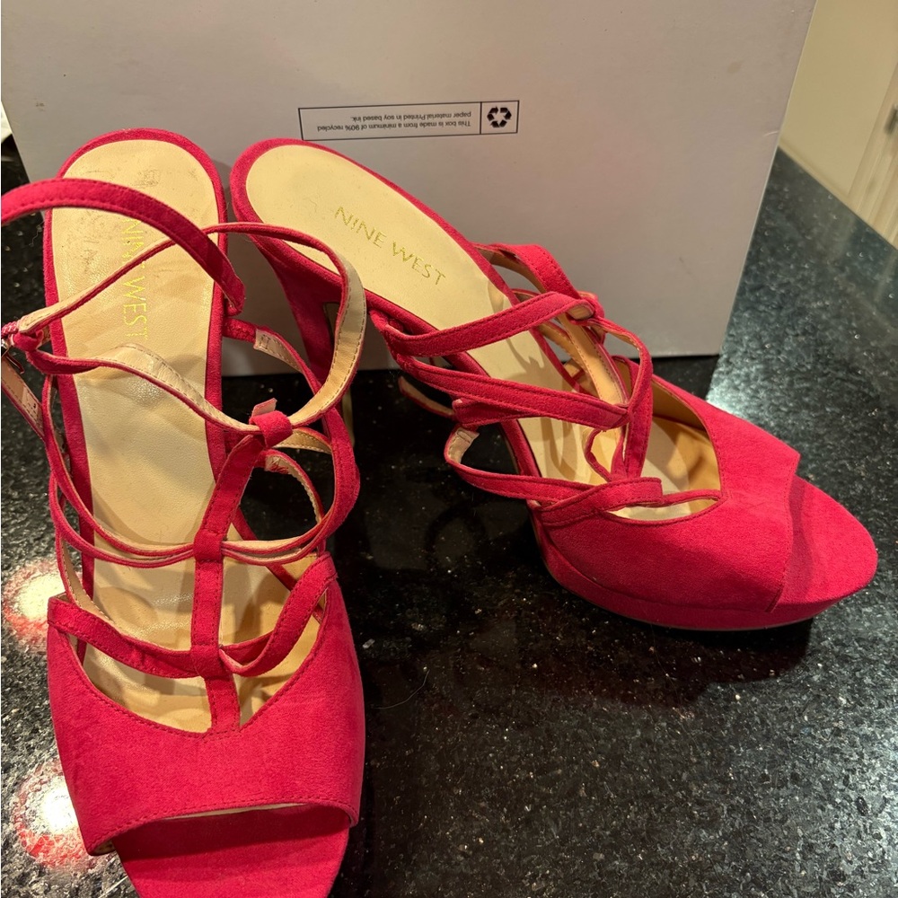 Nine West Women's Bold Red pink Strappy Heels stiletto sandal 10